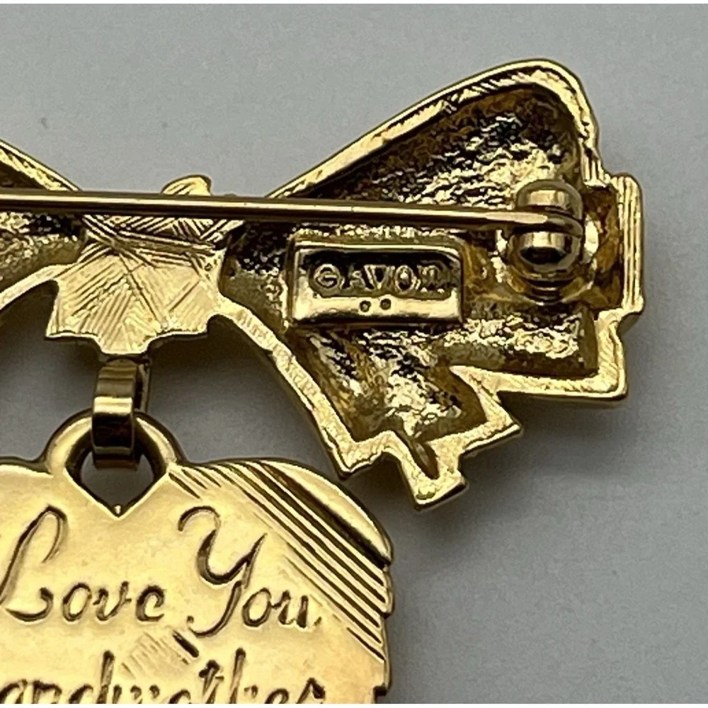 Vintage Avon I Love You Grandmother Brooch Heart And Bow‎ Pin Gold Tone